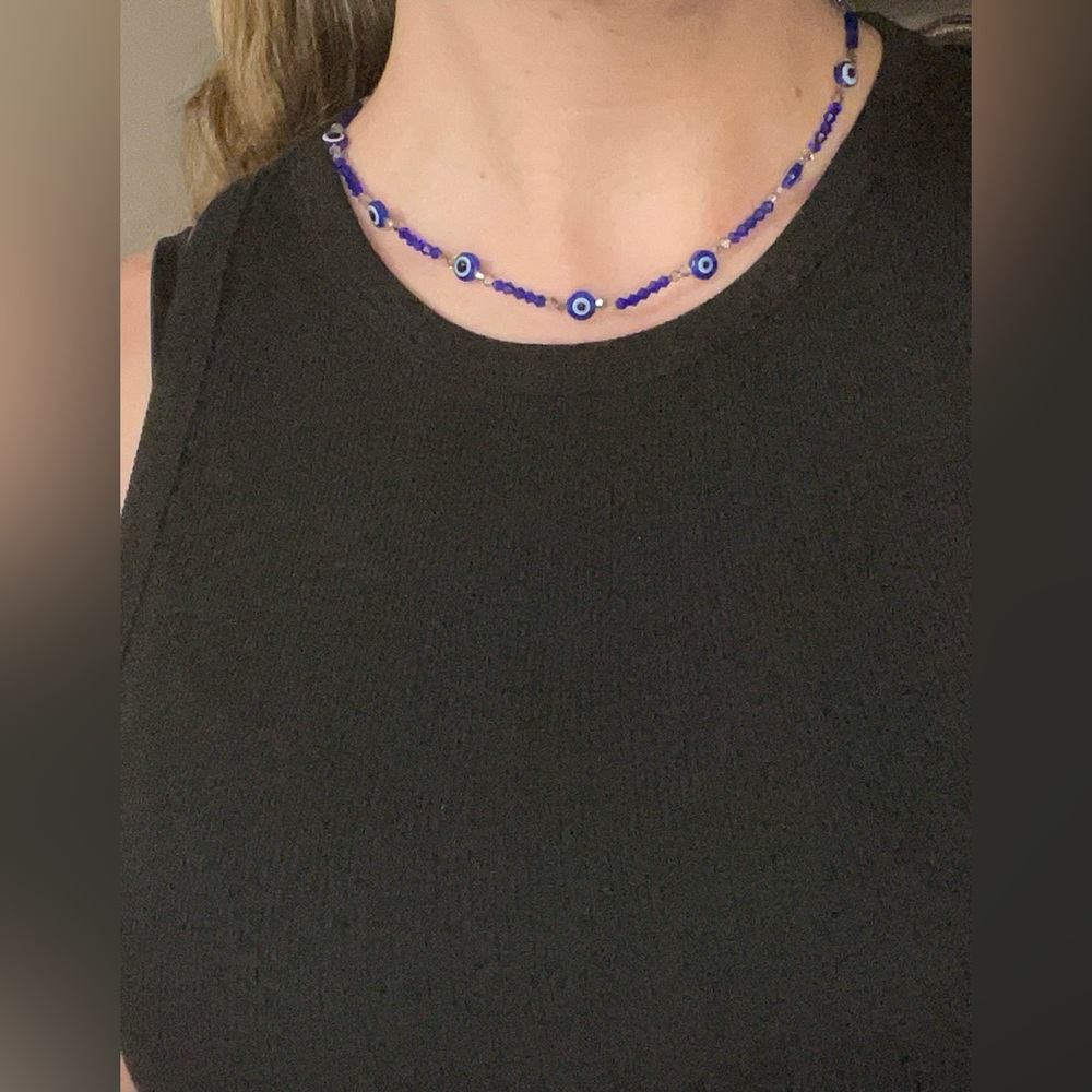 Evil eye patterned with 3mm blue and clear crystal necklace